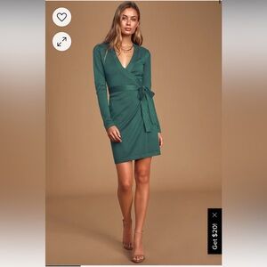 NWT- Lulus- Sz L- Literary Lover Forest Green Wrap Sweater Dress